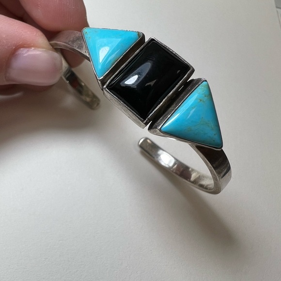 Sterling Silver Onyx and Turquoise Artist Signed Cuff Bracelet